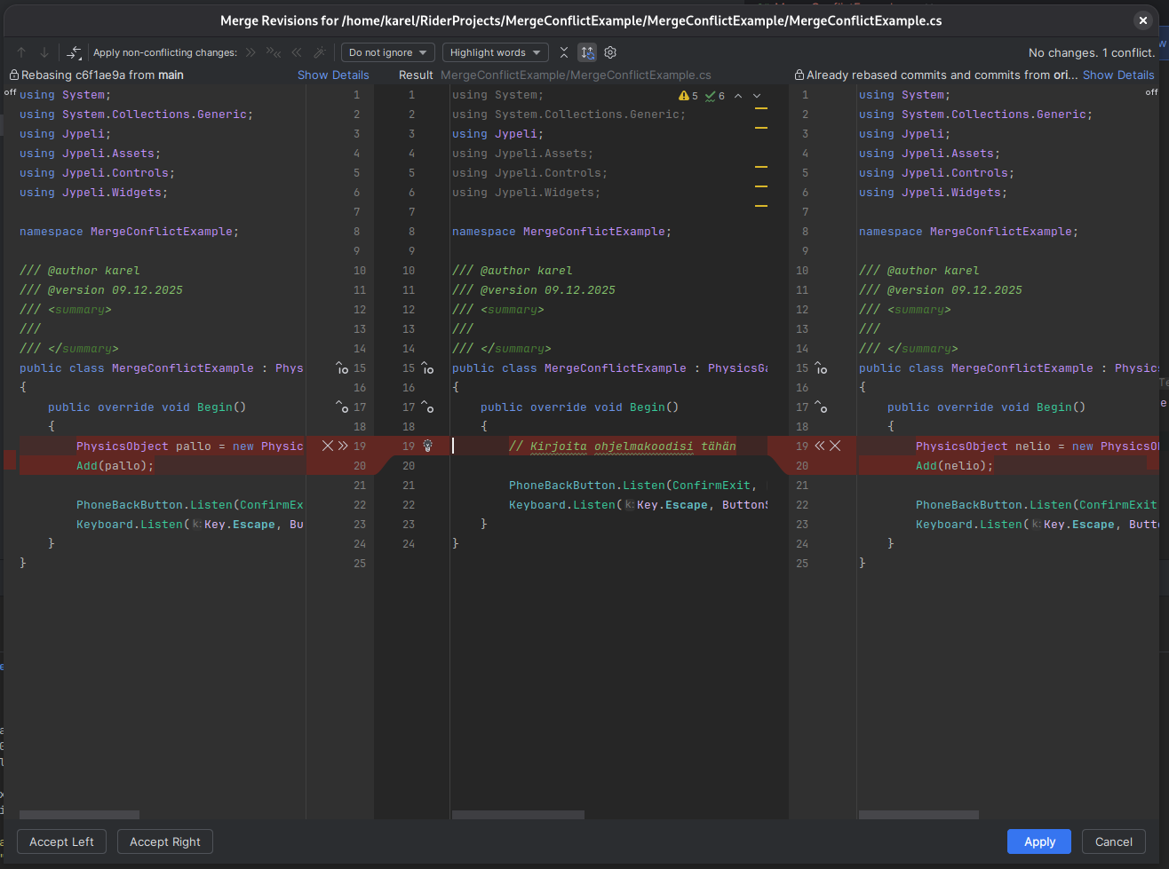 Riderin merge conflict editori