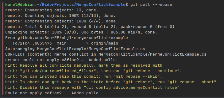 Epäonnistunut hakeminen merge conflictissä