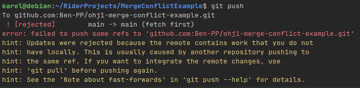 Epäonnistunut pusku merge conflictissä