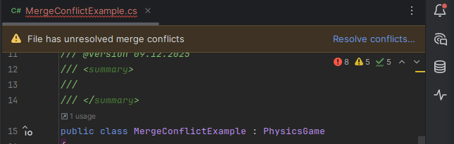 Riderin merge conflict varoitus