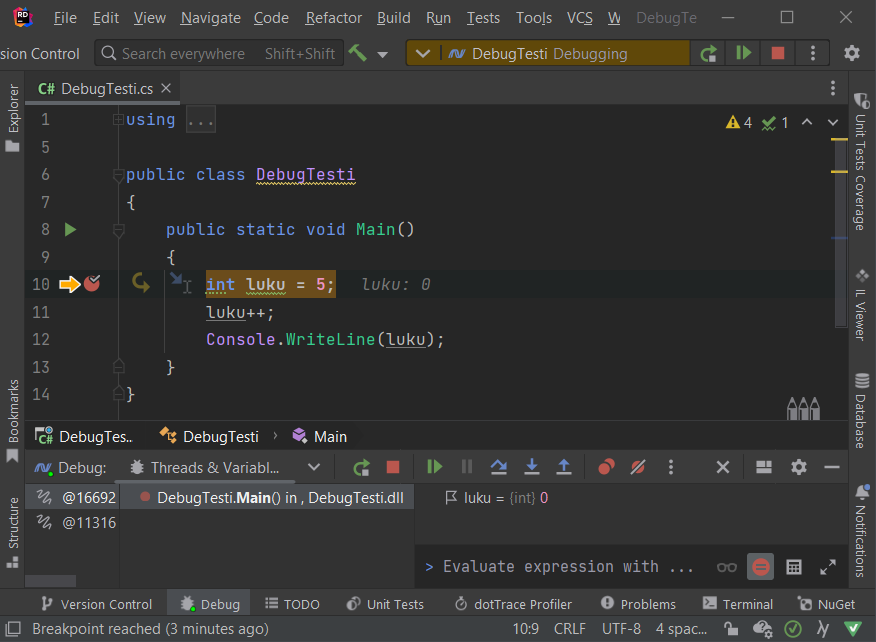 Debug pysähtynyt keskeytyskohtaan